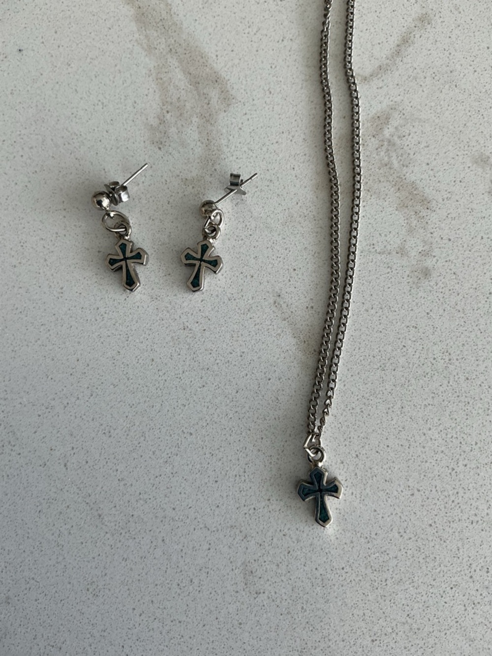 Silver Cross Pendant Necklace and Stud Earring Set - Blue Accent